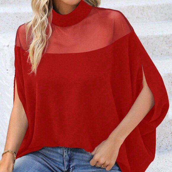 Red Casual Women's Stand Collar Mesh Hollow Blouse - Picture 1 of 7